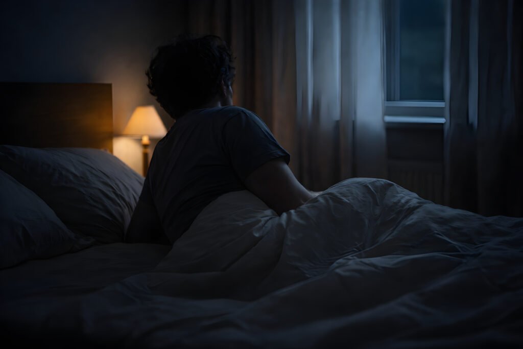 What people do when sleep does not come, sitting up in bed and looking toward the window at night