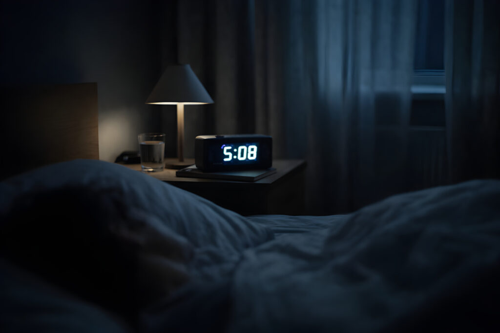 What people do when sleep does not come, a bedside clock glowing softly in a dark room at night