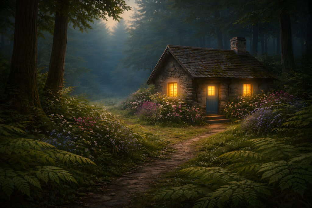 Where the Ferns Remember You cottage at the forest edge with glowing windows and wild garden