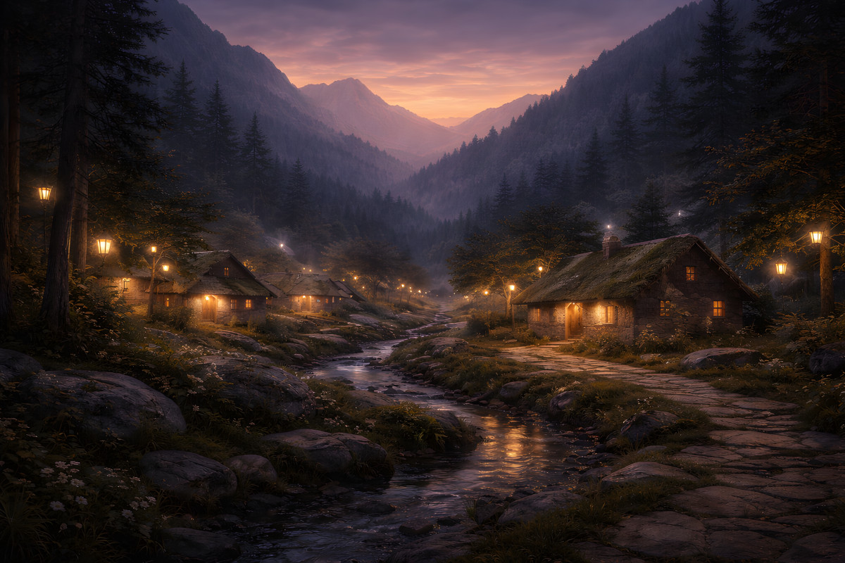 Where the Mountains Fold village nestled in a mountain valley with stream and warm lantern light at dusk