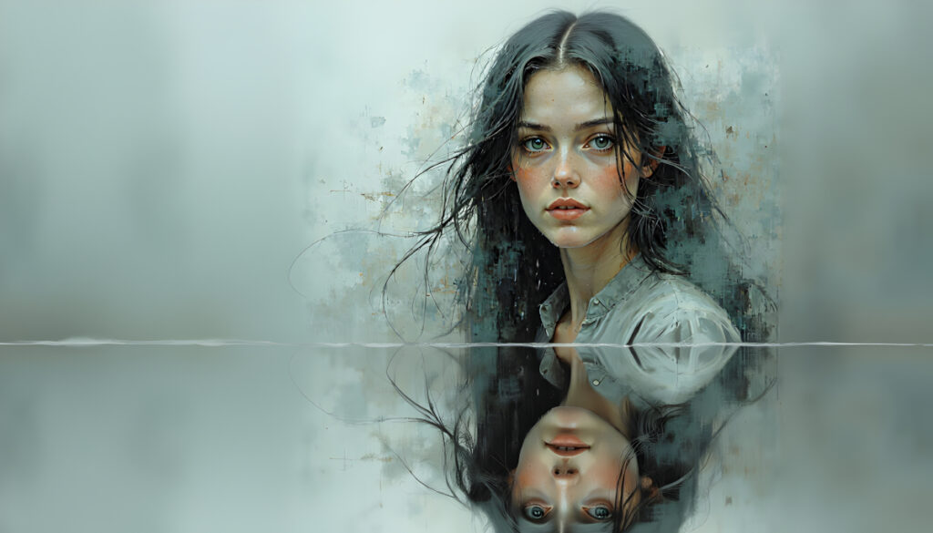 Where the Tide Forgets Your Name mirrored reflection woman calm water portrait