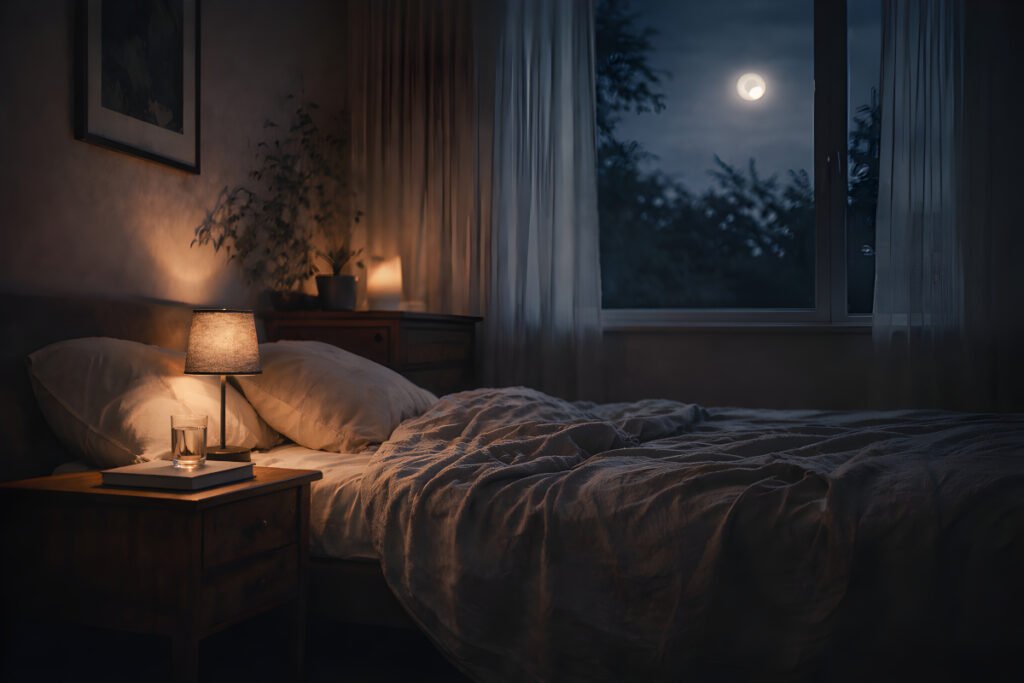 Why doing nothing feels uncomfortable at night — calm bedroom at night with soft lighting and empty bed