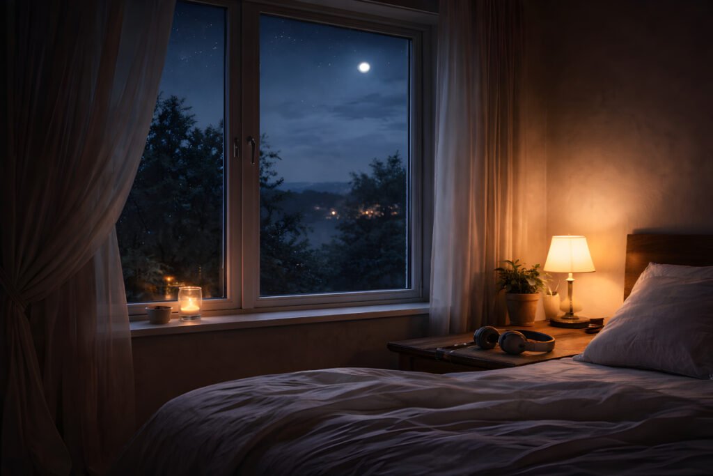 why listen to sleep stories before bed in a peaceful bedroom with soft lighting and moonlight outside the window