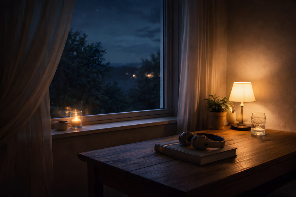 why listen to sleep stories before bed with headphones on a bedside table beside a candle and warm lamp light