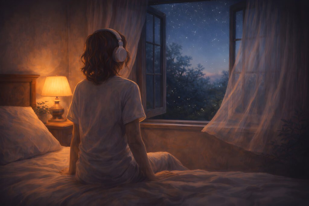 why short bedtime stories for adults matter woman sitting on bed with headphones looking out window at night