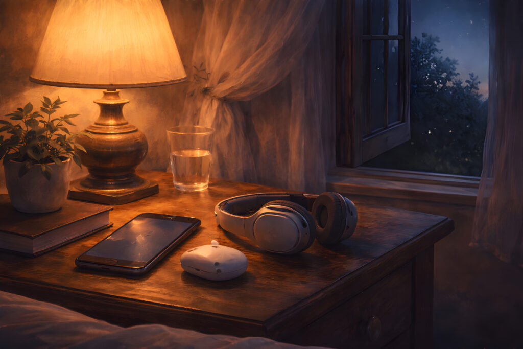 Why Short Bedtime Stories for Adults Matter – Bedtime Listening Setup why short bedtime stories for adults matter smartphone headphones bedside table listening to sleep stories