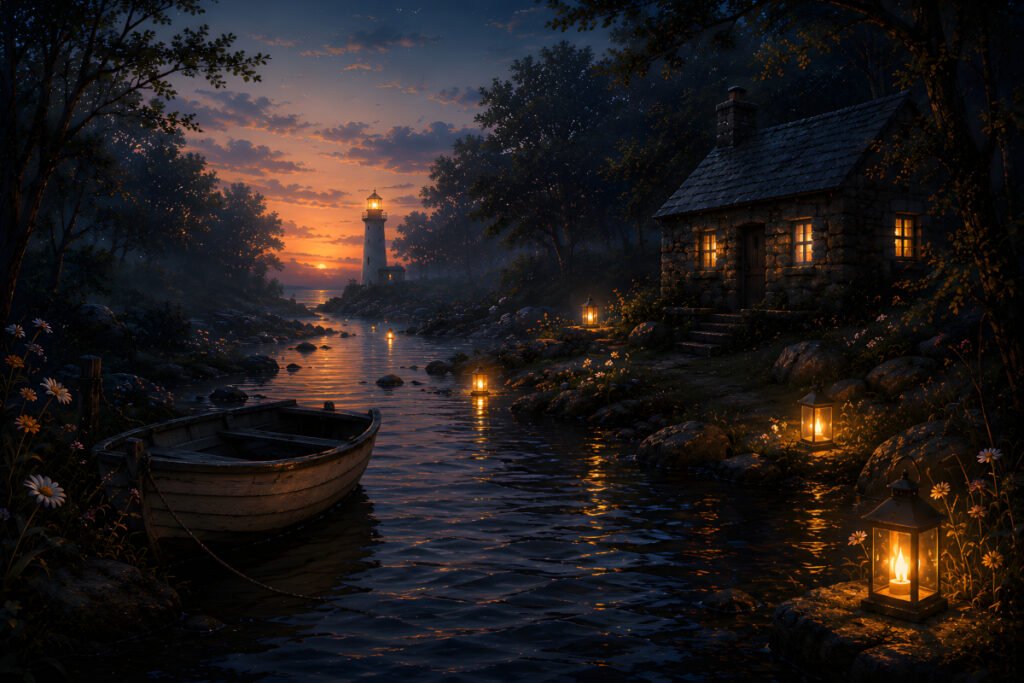 Shadows Before Dreams atmospheric landscape with a glowing riverside cottage, lantern reflections, small wooden boat, and distant lighthouse at sunset