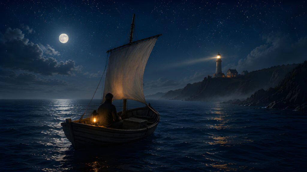 The Beacon Tower lighthouse shining across calm moonlit waters as a solitary sailor drifts quietly beneath a sky full of stars.