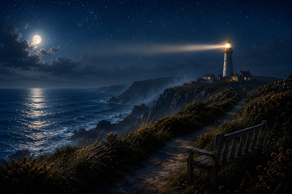 The Beacon Tower lighthouse shining across a moonlit coastal sea beside a quiet cliff path and wooden bench beneath a star-filled night sky.