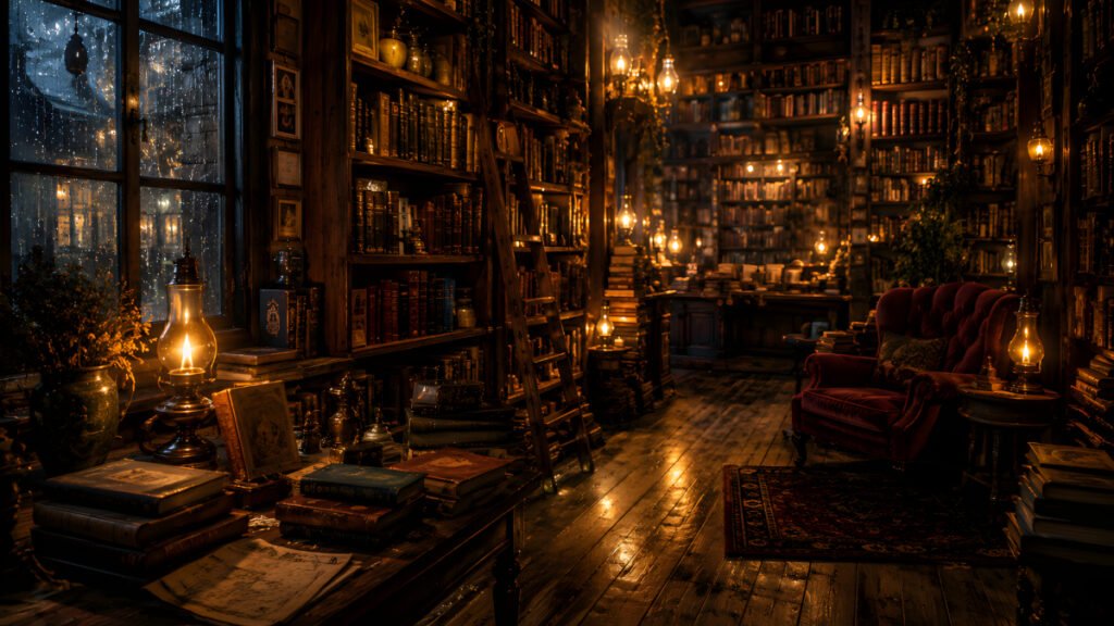The Bookshop with No Clock interior with towering wooden bookshelves, glowing oil lamps, rain-covered windows, velvet reading chair, and warm golden light inside a timeless hidden bookstore.