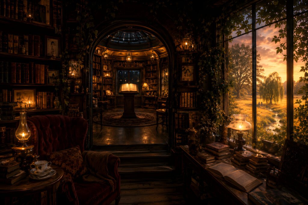 The Bookshop with No Clock – The Room Beyond the Shelves The Bookshop with No Clock circular reading room with glowing open book, warm lantern light, ivy-covered shelves, and golden meadow beyond tall windows.