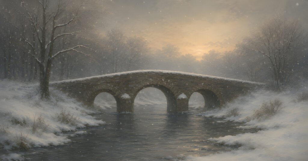 The Bridge That Waited for Winter — a quiet three-arched stone bridge crossing a slow river beneath falling snow at dawn, surrounded by bare winter trees and soft mist in a peaceful valley.