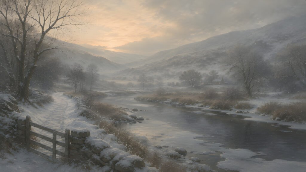 The Bridge That Waited for Winter — a snow-covered riverside path winding through a quiet winter valley with frozen reeds, distant cottages, and soft morning mist beneath pale dawn light.