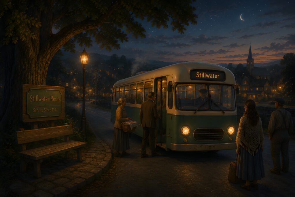 The Last Bus to Stillwater waits beneath a lantern-lit tree as quiet passengers board beside the Stillwater Route sign in a peaceful moonlit village.