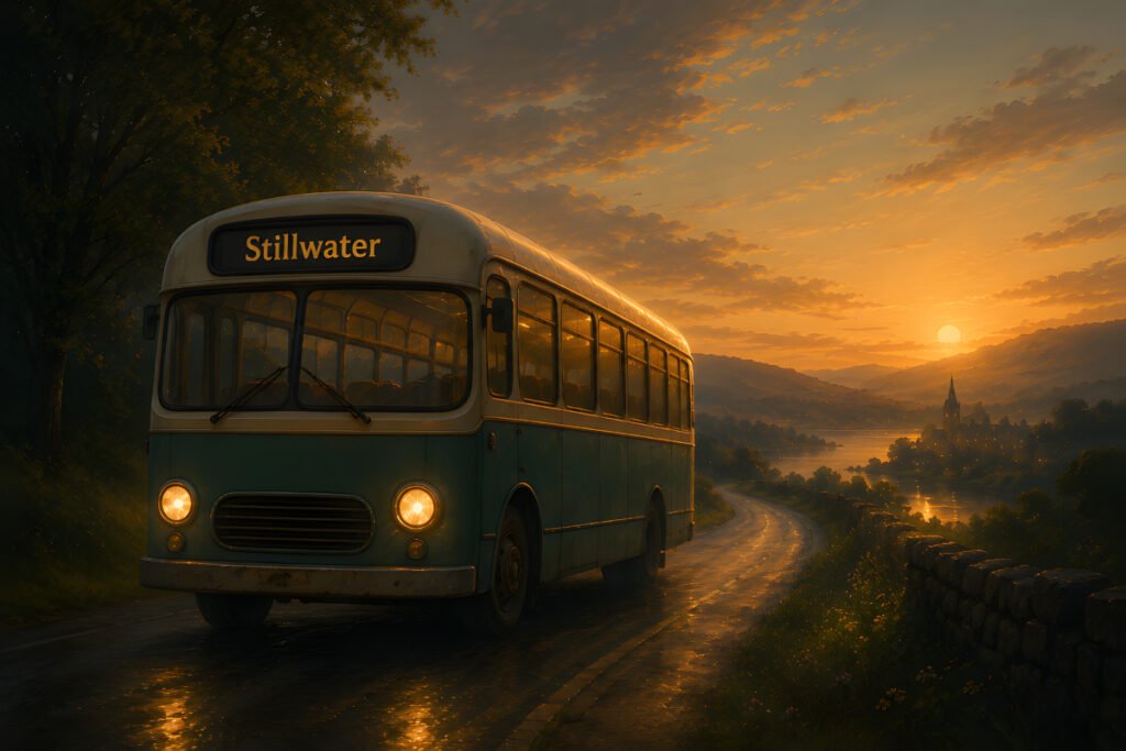 The Last Bus to Stillwater – The Road at Dusk The Last Bus to Stillwater travels along a quiet countryside road at sunset beside glowing rivers and distant hills.