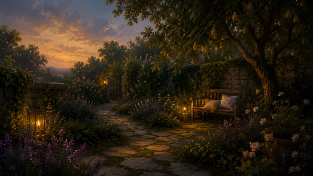 The Pillowmaker's Garden at dusk with lantern-lit stone paths, a wooden bench beneath pear trees, and soft evening flowers inside a peaceful walled garden.