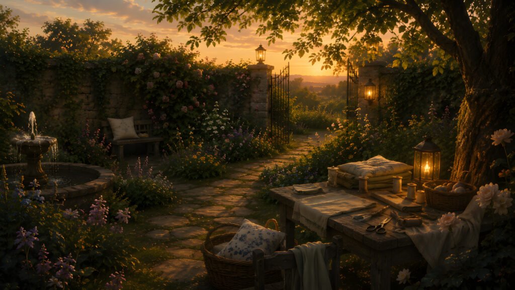 The Pillowmakers Garden with a sewing table beneath a tree, folded pillows, lanterns, flowers, and a sunset path through a quiet walled garden.