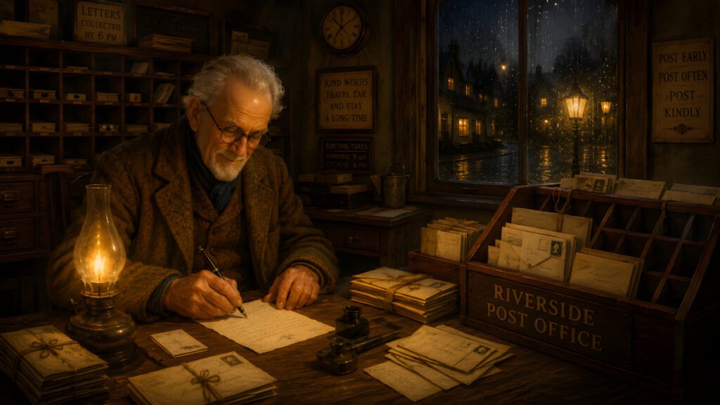 Thomas Hartwell sits writing beside stacks of undelivered letters in the Riverside Post Office during a rainy winter evening.