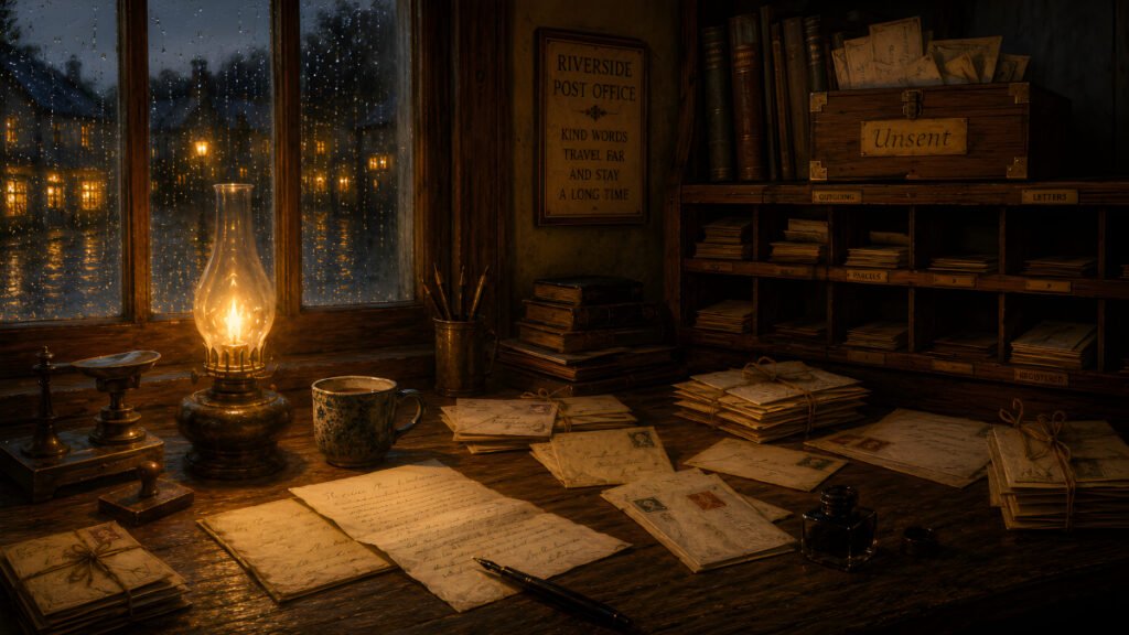 The Postman Who Wrote Back features an oil lamp glowing beside scattered letters and the “Unsent” box inside an old village post office.