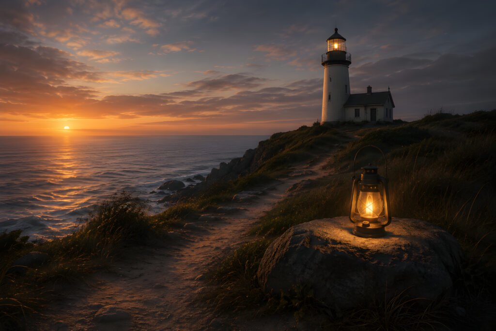 Lighthouse overlooking a calm ocean at sunset in When the Tide Forgot to Turn