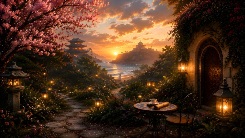 Gardens Before Dreams landscape with a lantern-lit garden path, flowering trees, pagodas and a peaceful coastline at sunset.