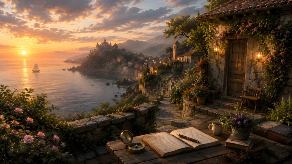 Gardens Before Dreams coastal garden at sunset with an open journal, compass, flowers and a lantern-lit stone cottage overlooking the sea.