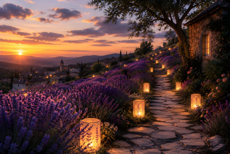 Lanterns Over the Lavender Hills – glowing lanterns line a stone path through lavender fields at sunset, overlooking a peaceful hillside village.