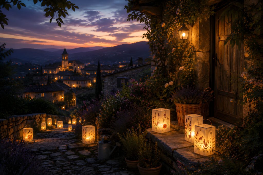 Lanterns Over the Lavender Hills – Lanterns by the Village Cottage Lanterns Over the Lavender Hills – hand-painted lanterns glow beside a stone cottage and along a cobbled village path surrounded by lavender at dusk.
