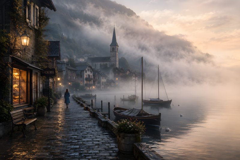 The Fog that Carried Voices – mist-covered lakeside town at dawn with moored boats, warm windows and a lone traveller walking beside the water.