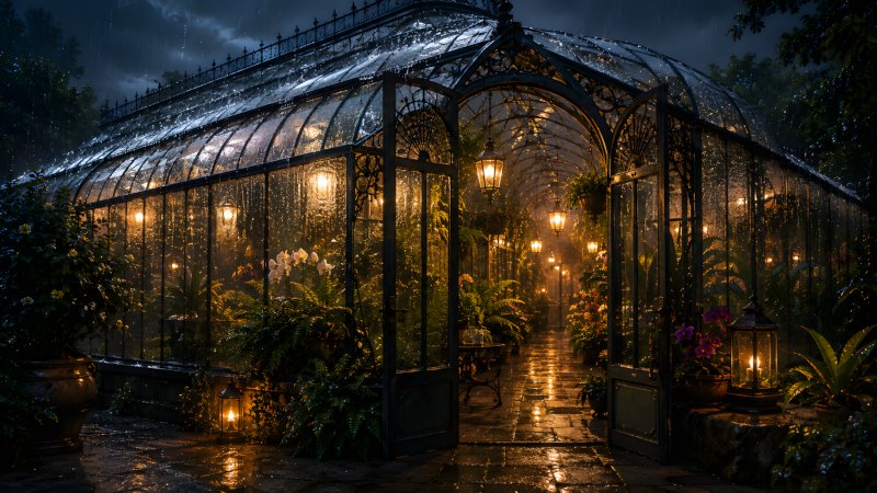 The Greenhouse That Bloomed Only at Night, a rain-covered Victorian greenhouse glowing with warm lantern light after dark.