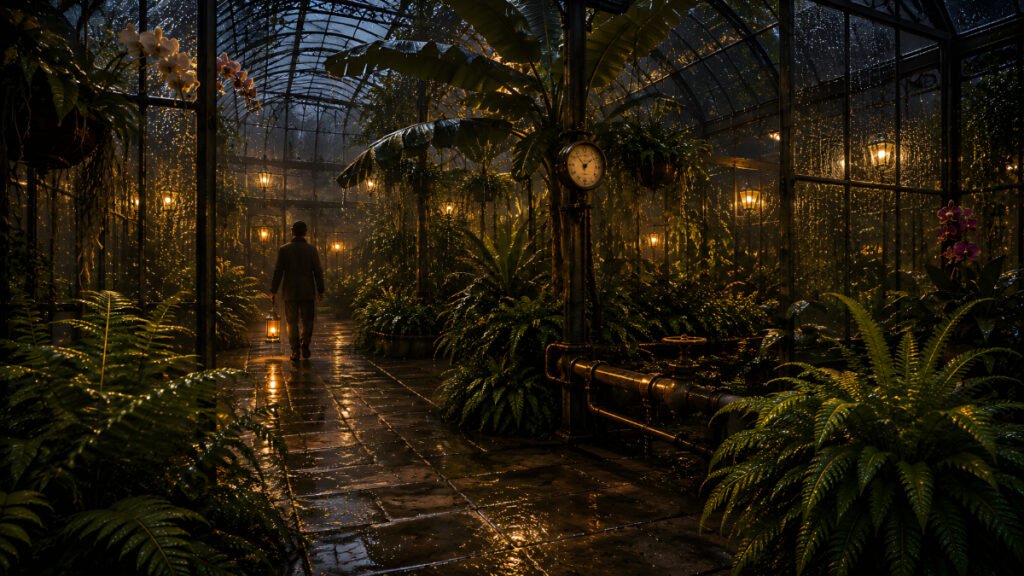 The Greenhouse That Bloomed Only at Night, with the caretaker walking through a lantern-lit tropical passage beneath rain-covered glass.