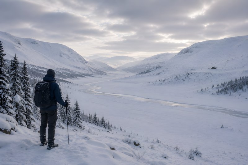 The Hut Across the Snow Valley – a lone traveller looks across a vast snow-covered valley, with a frozen river winding towards a distant hut on the opposite slope.