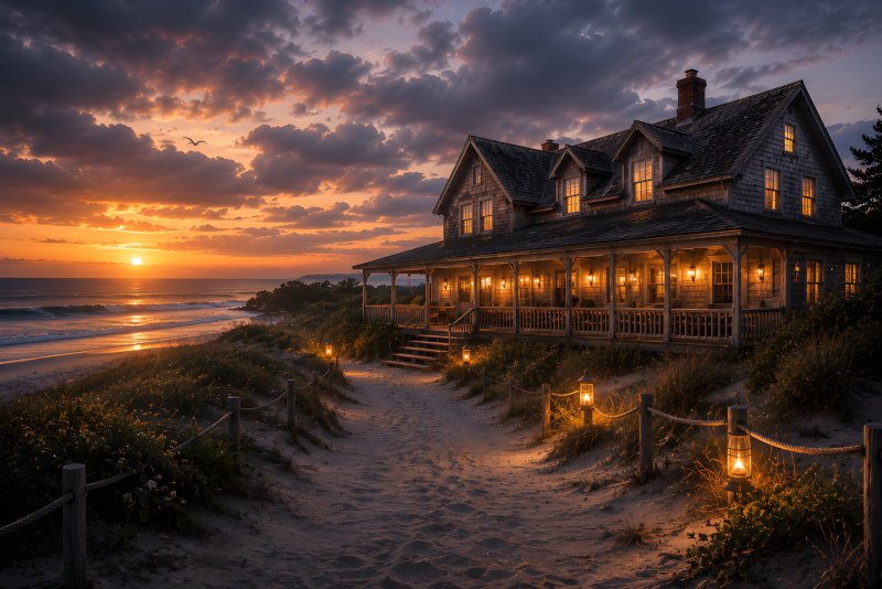 The Inn at the Edge of the Dunes at dusk, with warm lantern-lit windows overlooking the sea and windswept coastal dunes.