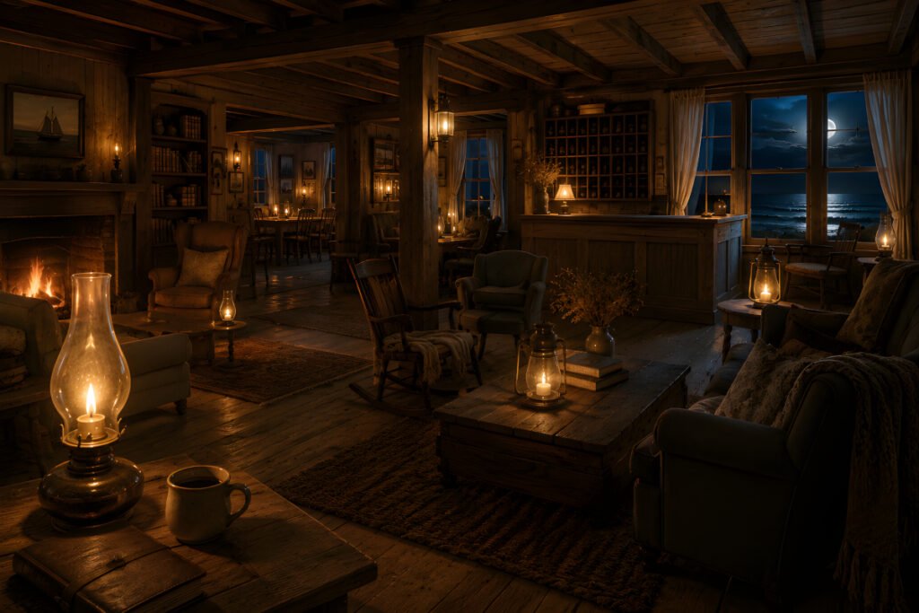 The Inn at the Edge of the Dunes interior at night, with a glowing fireplace, oil lamps, wooden furniture and moonlit sea views.