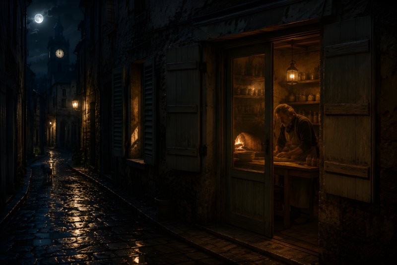 The Midnight Bakery glowing warmly at midnight on a narrow cobblestone street, with the baker working inside and a clock tower and moon in the distance.