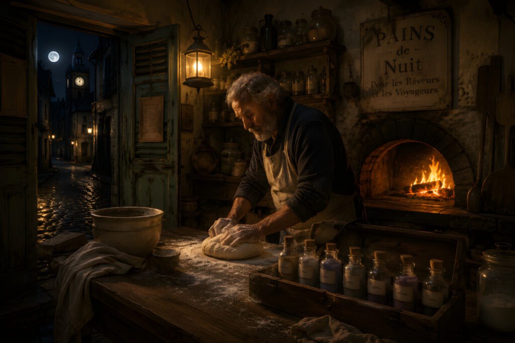 The Midnight Bakery baker kneading dough beside a glowing wood-fired oven, with mysterious glass vials arranged in a wooden box.