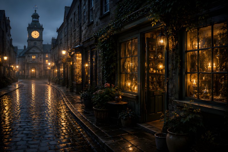 The Mirror in the Antique Shop, a misty cobbled street with a candlelit antique shop beneath an old clocktower.