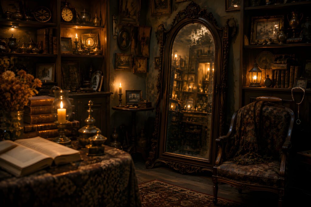 The Mirror in the Antique Shop – The Mirror Alcove The Mirror in the Antique Shop, an ornate antique mirror surrounded by candles, old books and curios inside a warm, shadowed shop.