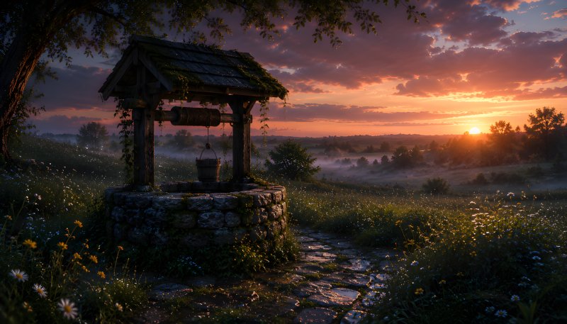 The Song of the Stone Well – an old stone well in a peaceful countryside landscape at sunset, surrounded by wildflowers and evening mist.