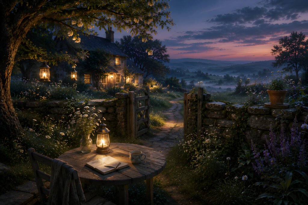 The Song of the Stone Well โ Lantern-Lit Cottage Garden The Song of the Stone Well โ a lantern-lit cottage garden at twilight with a quiet table, wildflowers and a path leading into the countryside.