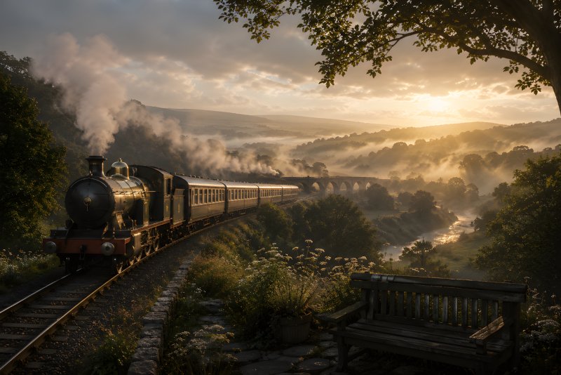 The Train that Never Hurries travelling through a peaceful misty countryside at sunrise, surrounded by rolling hills and golden morning light.
