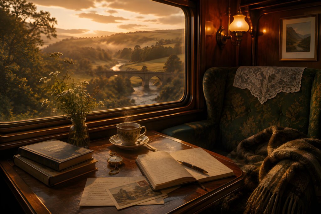 The Train that Never Hurries vintage railway carriage with warm wooden interiors overlooking a peaceful countryside and river in golden evening light.