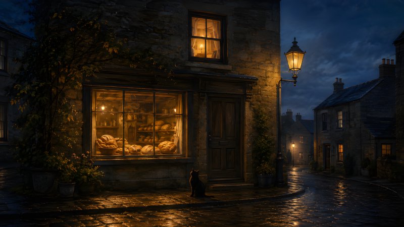 The Window Above the Bakery – a warmly lit village bakery at night, inspired by bedtime stories for adults from Before Your Dream.