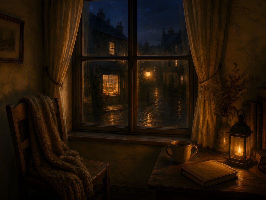 The Window Above the Bakery – cosy upstairs room overlooking a rain-wet village street, from the Before Your Dream bedtime stories for adults.
