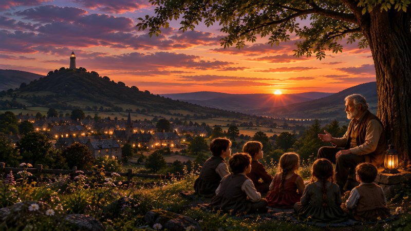 The Bells That Rang Only After Sunset with Josiah telling stories to village children beneath an old chestnut tree at dusk