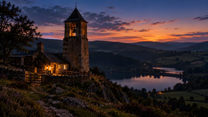The Bells That Rang Only After Sunset showing a stone bell tower overlooking the reservoir and southern valley at dusk