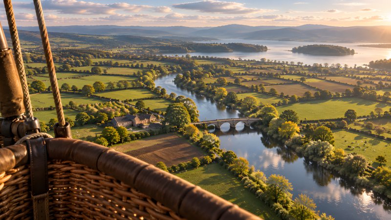 The Flight Carried by the Wind, viewed from a hot air balloon basket drifting above fields, a winding river and distant hills.