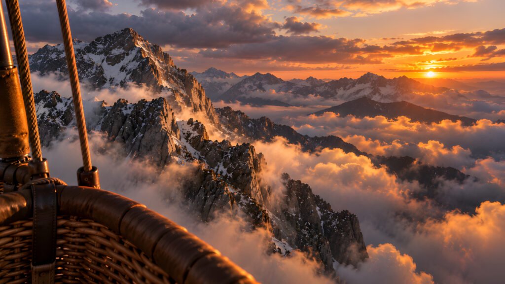 The Flight Carried by the Wind – Above the Mountains at Sunset The Flight Carried by the Wind, rising beside rugged mountain peaks above the clouds during a glowing sunset.
