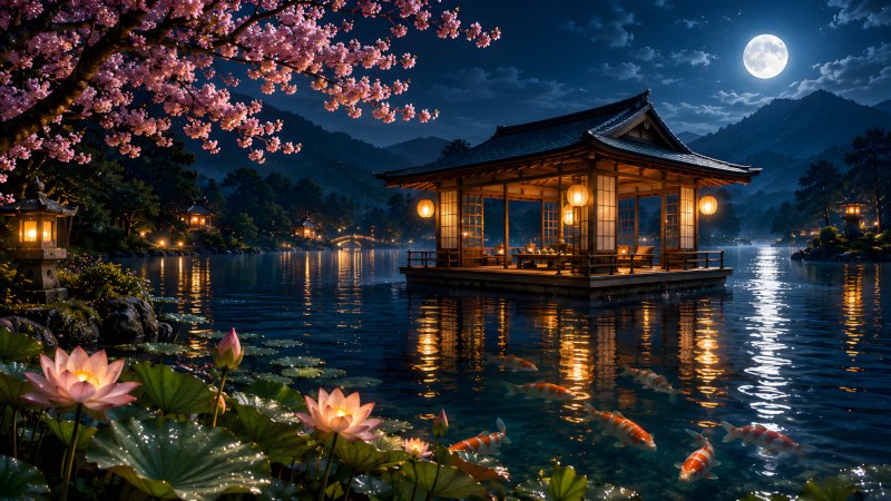 The Floating Tea House on the Silent Lake glowing with warm lantern light beneath a full moon, surrounded by koi, lotus flowers and mountains.