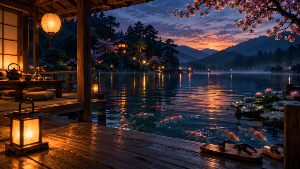 Koi swim beside the lantern-lit landing in The Floating Tea House on the Silent Lake as evening settles over the water.
